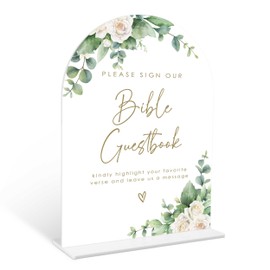 Eucalyptus Rose Bible Guest Book Sign, 6 x 8 Inch White Arch Acrylic Wedding Sign with Holder, Wedding Sign for Ceremony and Reception, Wedding Decoration, Wedding Supplies - AM28