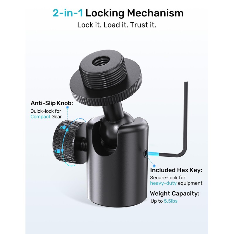 Etour Ball-and-Socket Head Microphone Adapter, 360° Swivel & 90° Tilt