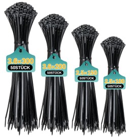 REZOSY Set of 200 Black Cable Ties, 100/150/200/300 mm (50 Pieces of Each), Various Sizes, Super Durable, Self-Locking Cable Ties for Cable Management, Gardening, Living