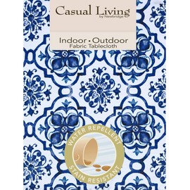 Newbridge Blue Amani Tile Print Indoor/Outdoor Fabric Tablecloth - Delft Blue Medallion Design Soil Resistant, Water Repellent Fabric Tablecloth, 52 Inch X 70 Inch Oblong/Rectangular