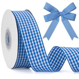 GHGMAO Blue and White Gingham Ribbon，Taffeta Plaid Ribbon 1 Inch x 25 Yards, Blue Checkered Ribbons for Gift Wrapping, Picnic, DIY Crafts, Wreath, Wedding, Home Decor