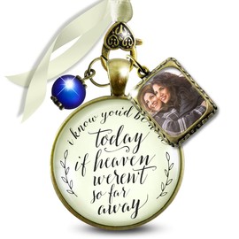 Bouquet Charm Wedding Memory I Know You'd Be Here Today If Heaven Honor Any Loved One Missed Vintage Bronze Jewelry Cream Glass Pendant Blue Bead 1 Frame Ties to Bride's Flowers DIY Photo Template
