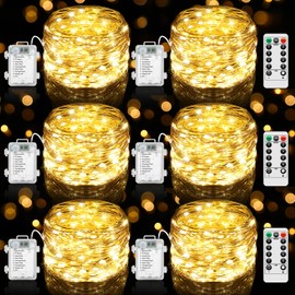 Lakumu 6-Pack 33FT 100 LED Fairy Lights Battery Operated, Remote Control String Lights with Timer, 8 Modes Waterproof Outdoor Twinkle Lights for Bedroom Classroom Dorm DIY Christmas Party, Warm White