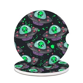 Alien Spaceship Car Coasters for Cup Holders, Absorbent Ceramic Car Coaster Car Cup Holder Coaster Car Accessories for Women Men (2 Pack)