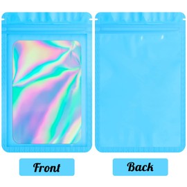 Durimoiy 100 Pcs Holographic Bags Resealable Packaging Bags for Small Business Supplies,Cute Small Plastic Colorful Smell Proof Zip Flat Foil Pouch Baggies for Ring (Blue,4x6 inch)