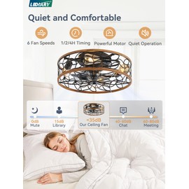 LEDIARY Caged Ceiling Fans with Lights, Farmhouse Flush Mount Ceiling Fan with Remote, Black&Walnut Low Profile Ceiling Fan Light Fixture for Bedroom, Kitchen, Dining Room.