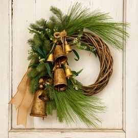 Soulchen 18 Inch Christmas Wreath Decorations Norfolk Pine Wreath with Bells and Ribbon Artificial Pine Greenery Decor for Front Door Xmas Winter Holiday Party Indoor Outdoor Windows Walls Decor