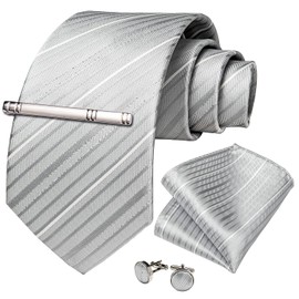 DiBanGu Necktie, Striped Necktie, Handkerchief, Cufflinks, Tie Pin Set, Wedding, Business, School Entrance Ceremony, Graduation, Year End Party, silvery grey