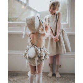 Baby Girl Easter Outfit Vintage Onesie Overalls and Bunny Ears/Toddler Dress Sister Mathing Clothes with Tail (Onesie Bunny Beige,12-18 Months)