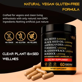 Sea Moss Blend. Black Seed Oil, Ashwagandha, Tumeric, Burdock with Manuka Honey, Dandelion, ACV. Sea Moss All-in-One Supplement