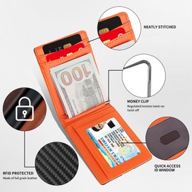MUXILING Slim Wallets for Men Leather Money Clip RFID Blocking Mens Wallet Minimalist Front Pocket Credit Card Holder Thin Wallets for Men,Black Orange