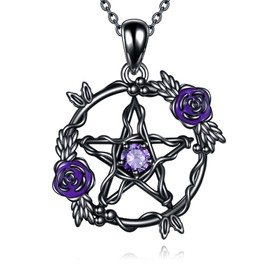YFN Pentacle Necklace Sterling Silver Gothic Purple Pentagram Pendant Rose Flower Pentacle Charm Witch Jewelry for Women Wiccan Jewelry Pagan Gifts