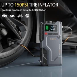Tire Inflator Portable Air Compressor, 9000A Car Battery Charger Jump Starter, 150PSI Tire Inflator Air Pump(All Gas/16L Diesel),12V Jump Box Car Battery with Smart Jumper Cables, Portable Power Pack