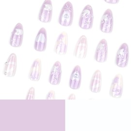 Lilac Press on Nails White Swan Fake Nails with Pearl Design Heart Bow Flower Glue on Nails Ombre Fale Nails Handmade Nail Medium Almond Stick on Nails Glossy Full Cover For Women Maniucre 24Pcs