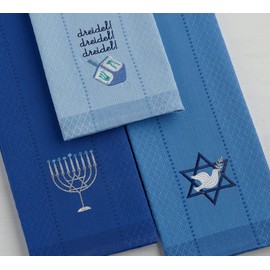 DII Hanukkah Kitchen Collection Festival of Lights Celebration Decor, Dish Towel Set, 18x28, Embroidered Dreidel, 3 Piece