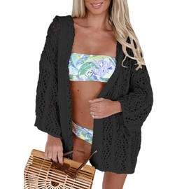Yingkis Women's Lightweight Crochet Cardigan Sweaters Long Sleeve Open Front Knit Summer Boho Hooded Beach Cover up,Black S