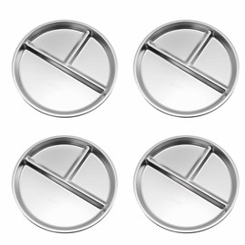 Wuyituart 4 Pcs Round Stainless Steel Plates 9 Inch 3 Section SUS304 Divided Portion Control Plates