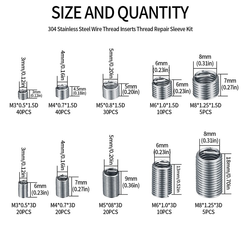 200 Pcs Helicoil Thread Repair Insert Kit, Self Tapping Thread