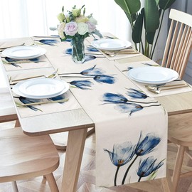 Table Runners, Fabric Table Runner 72x13 Inch Linen Tulip Table Runner Farmhouse Burlap Dining Table Dresser Table Runners Wedding Party Xmas Table Decoration (Blue)