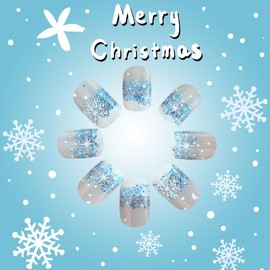 Christmas Press on Nails Short Fake Nails with Gradient Blue French Snowflake Glitter Designs, Xmas Press on Acrylic Square Stick on Cute Christmas False Nails Kit Gel Glue on Nail Winter Manicure 24