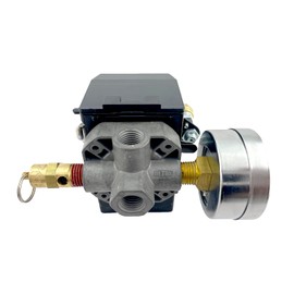 H/D Pressure Switch 4 Ports 95-125 psi w/150 psi Pop Off Valve, 26AMP, 0-200 psi Back Gauge Color Coded