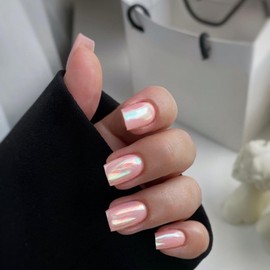Glazed Pink Chrome Press on Nails Short Square,SXVME Fake Nails Aurora Nails Press ons,Acrylic Nails Glue on Nails Flash False Nails Mirror Effect Stick on Nails in 24PCS
