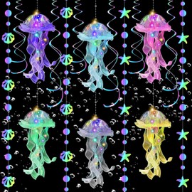 Jellyfish Decor-Mermaid Birthday Decorations & Under The Sea Party Decorations, 6 Pcs Hanging Jellyfish Lanterns 6 Pcs Ceiling Swirl Decorations and 2 Pcs Mermaid Garland for Girls Baby (01)