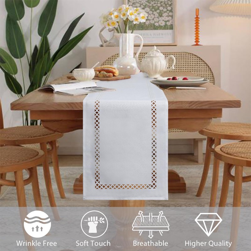 BAZIOE Modern Table Runner White Linen Table Runner Washable Openwork