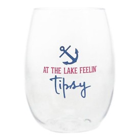 Pavilion - At The Lake Feelin' Tipsy - 14 Oz Stemless Wine Glass Tritan Cup Anchor Waterfront Vacation Souvenir Lake Lover Cottage Housewarming Gift Present