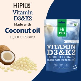 Vitamin D3 10,000 IU & K2 200 mcg – 300 Softgels, Natural Formula with Coconut Oil
