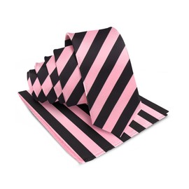 Vittorio Farina Premium Satin Striped Necktie & Pocket Square Set for Men (Bubble Gum Pink/Black)