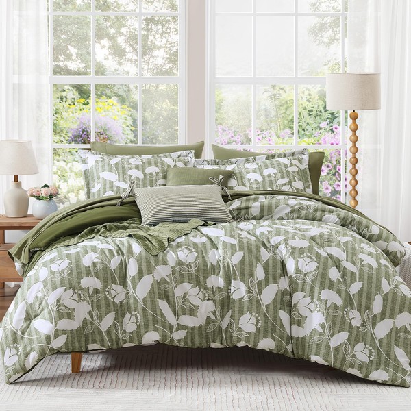 BLOOMHAVEN Queen Comforter Set -7 Pieces Botanical Olive Green Comforter