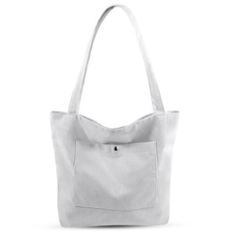 Dongawin Corduroy Tote Bag for Women Large Shoulder Bag with Zipper and Pockets for College School Work Travel Shopping. (grey)