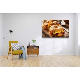 Hearty Breakfast Sandwich on a Bagel Print On Canvas Wall Artwork Modern Photography Home Decor Unique Pattern Stretched and Framed 3 Piece