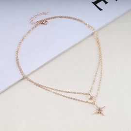 Allereyae Vintage Layered Rhinestone Northstar Necklace Crystal Star Pendant Necklace Gold Cz Starburst Choker Necklace Double Star Necklace Jewelry for Women (Gold)