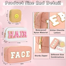 6 Pieces Nylon Chenille Letter Makeup Bag Preppy Patch Cosmetic Bag Letter Face Hair Toiletry Pouches Mini Cute Square Makeup Bag with Zipper Preppy Pouch with Chenille Pattern for Women Girls, pink
