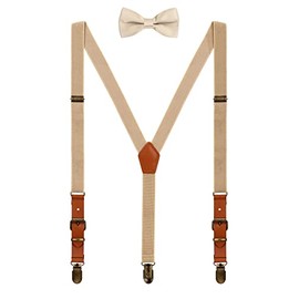 WANYING Men's 2 cm Braces Bow Tie Sets – PU Leather 3 Retro Brass-like Clips Y Shape Braces Elastic Adjustable for Height 140-190 cm, Beige with bow tie
