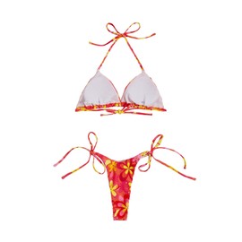 SweatyRocks Traje de baño de 2 piezas con parte superior halter y triángulo acanalado para mujer, Multi Amarillo Rosa, Medium