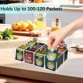 Beitiny Tea Bag Organizer, Acrylic Tea Bag Holder, Clear Tea Packet Storage Box with Lid, Home Decor