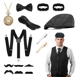 15 Piece Set 1920s Mens Costume, Gangster Gatsby Costume, Classic Retro 1920s Accessories for Men with Beret Pocket Watch Bow Tie Necktie Suspenders Cuffs Mustache Tie Clip