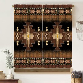 Cortinas aztecas étnicas, tribales nativos americanos, bohemios, clásico, café de mediados de siglo, patrón geométrico abstracto de píxeles, bolsillos para barra opaca, tratamientos de ventana para