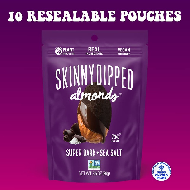 SkinnyDipped Super Dark Chocolate + Sea Salt Almonds, Vegan, Healthy