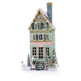 Cody Foster & Co Mint Green and Pink Cozy City House Christmas Village Townhouse with Santa, Multicolor
