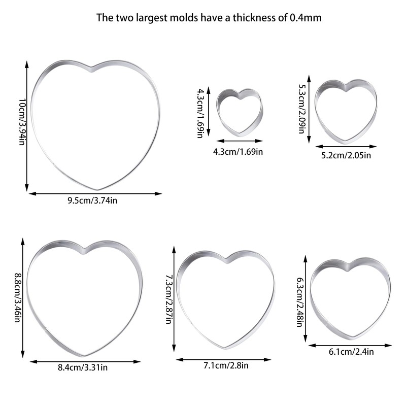 Heart Cookie Cutters, Stainless Steel, 6 Pack