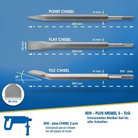 S&R SDS-Plus Chisel Set 3-pcs: Flat Chisel (250 x 20mm) Tile Chisel (14 x 250mm) Pointed Chisel (14 x 250) mm for Universal use