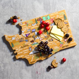 Totally Bamboo Washington State Shaped Cutting Board and Charcuterie Serving Platter with Artwork by Fish Kiss, Includes Hang Tie for Wall Display