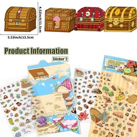 4 Sets DIY 3D Large Treasure Chest World Scene Stickers with Tweezers Make Your Own Sea World Cave Castle Valley Treasure Hunt Sticker Scenes Cute Micro Room Stickers for Relief Stress Pass The Time