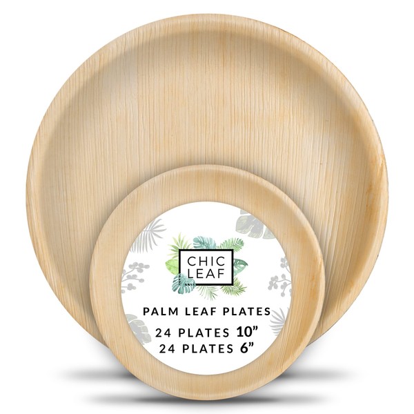 Chic Leaf Palm Leaf Plates Like Bamboo Plates Disposable 10 Inch and 6 Inch Round Party Plates (48 pk) - 100% Compostable and Biodegradable - Wedding, Parties, and Events