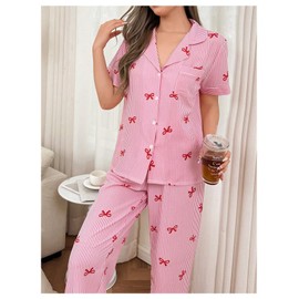 SHENHE Women's Bow Pajamas 2 Piece Short Sleeve Button Down Pjs Pants Set Striped Loungewear Pink Medium