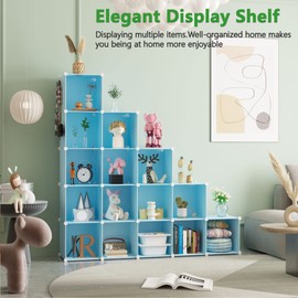 C&AHOME Cube Storage Organizer, 16-Cube Shelves Units, Plastic Storage Cubes, DIY Closet Organizer, Modular Closet Storage Shelves Ideal for Home, Bedroom, 48.4" L × 12.4" W × 48.4" H Blue UPCS16L